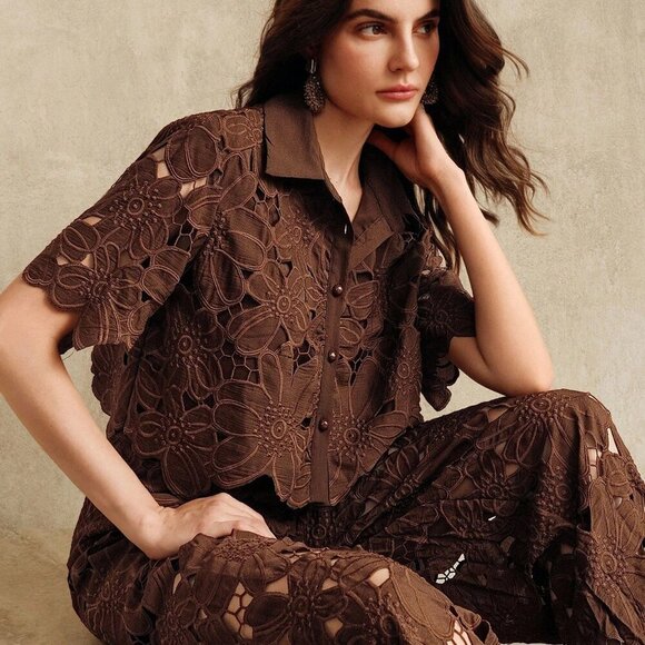 Brown Casual Women's Embroidered Top & Pants Set - Picture 2 of 7